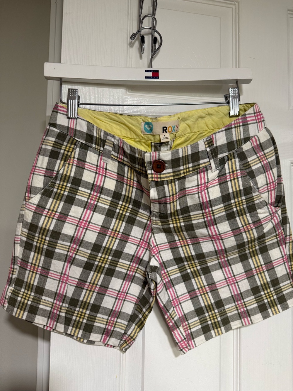 Roxy Plaid Cotton Shorts in Olive, Pink & White
